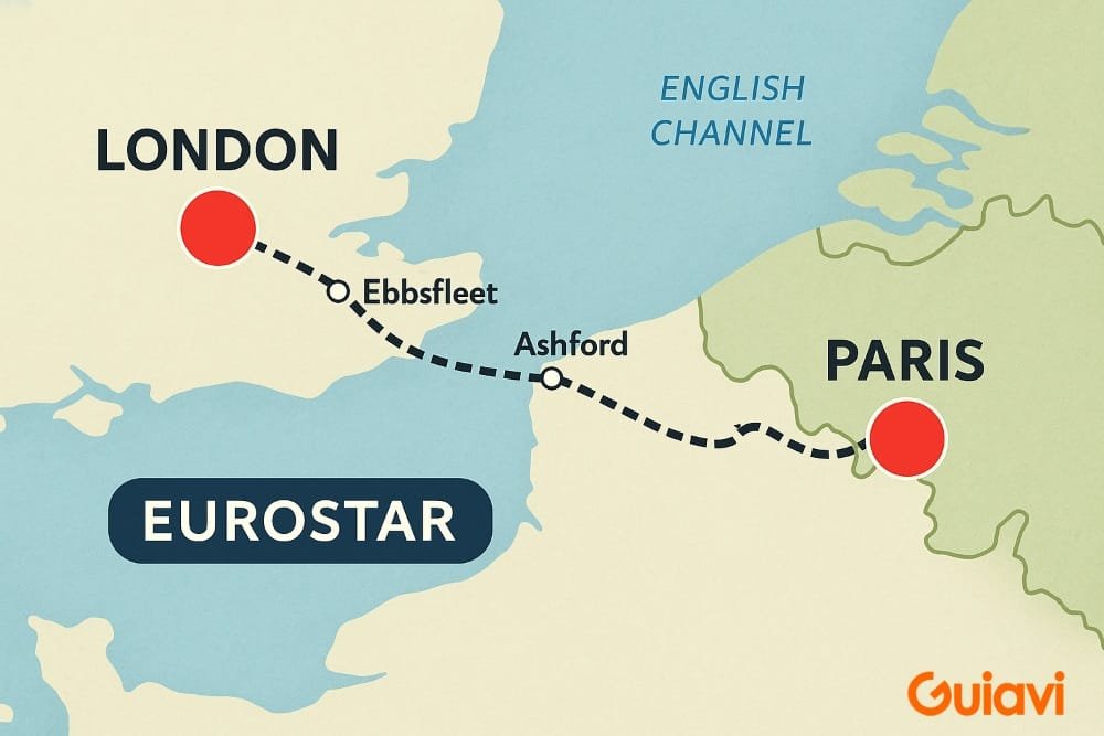 Mapa del tour desde Londres hasta Paris en tren Eurostar