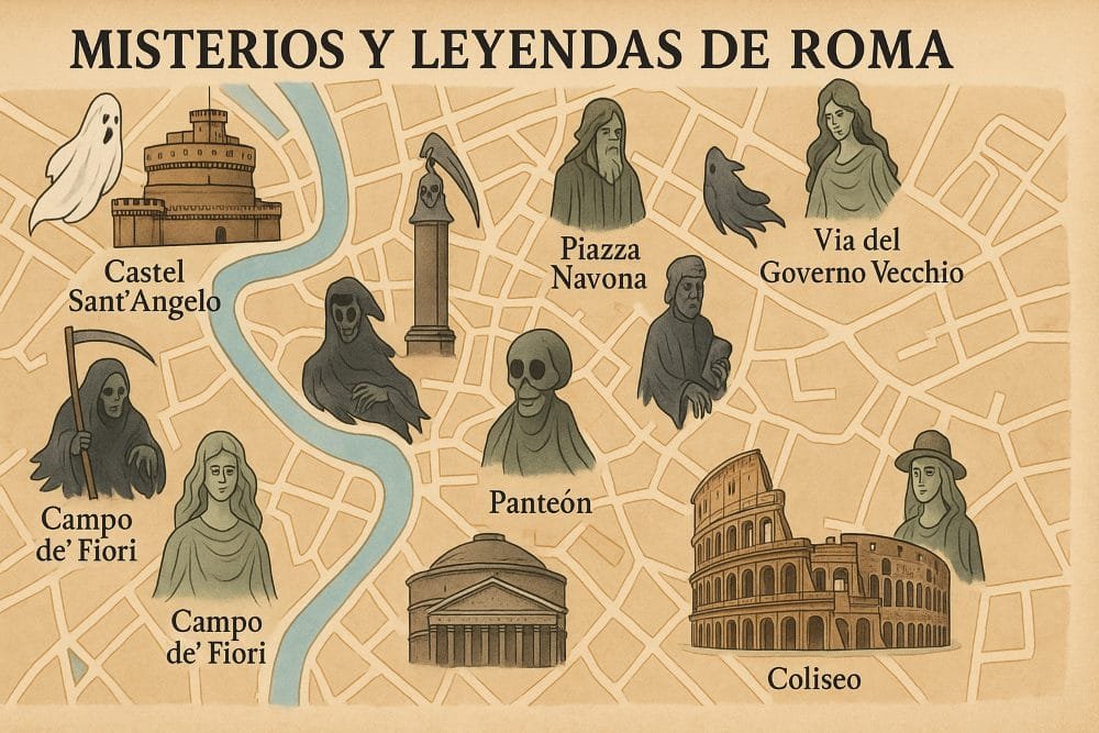 Mapa con los misterios y leyendas de Roma más populares.