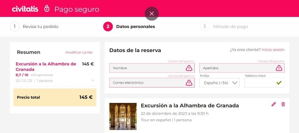 Formulario de reserva excursión a Granada desde Sevilla.
