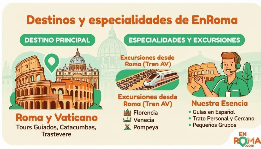 Infografía de los tours y excursiones de EnRoma: Vaticano, Coliseo y viajes a Florencia y Venecia.